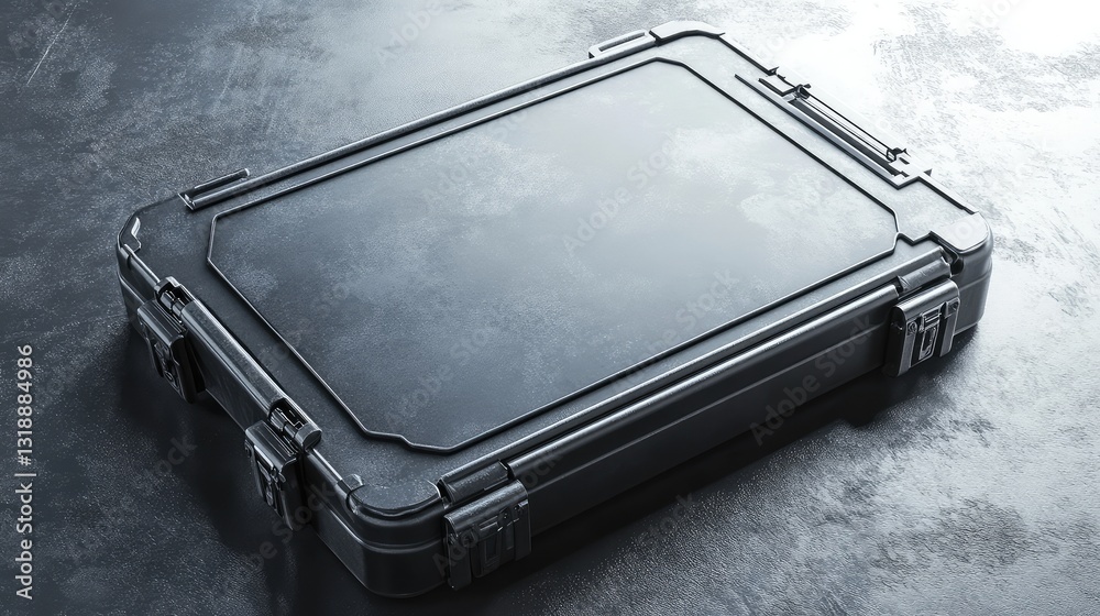 A heavy-duty laptop case with industrial-style latches, placed on a metallic surface. A heavy-duty laptop case with industrial-style latches, placed on a metallic surface.