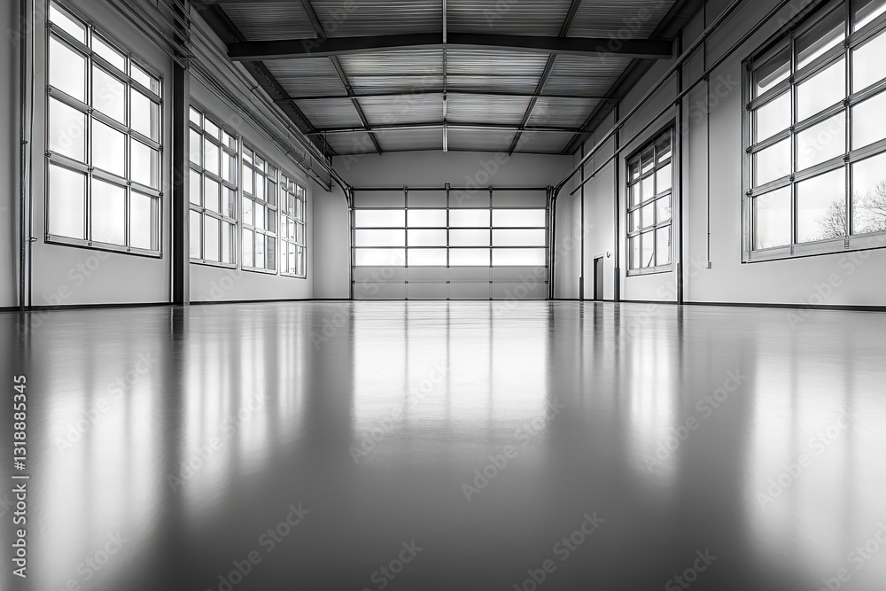 Empty industrial space with large windows reflecting soft natural light during overcast day Empty industrial space with large windows reflecting soft natural light during overcast day