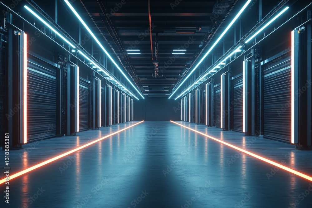 Fototapeta premium Brightly lit storage facility with neon lighting and garage doors in a modern industrial space