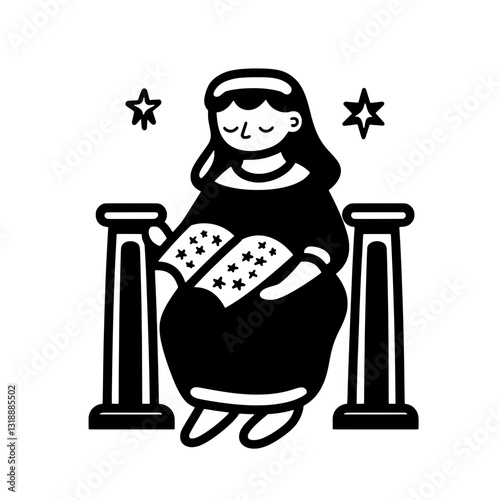 Charming illustration of a serene woman reading a book under twinkling stars with elegant columns framing her presence