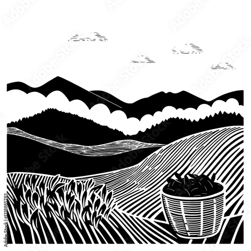 Beautiful black and white vector illustration of rolling hills, mountains, and a basket of freshly harvested crops at sunset