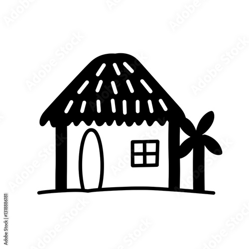 Charming rustic house with thatched roof and nearby palm tree in a serene landscape