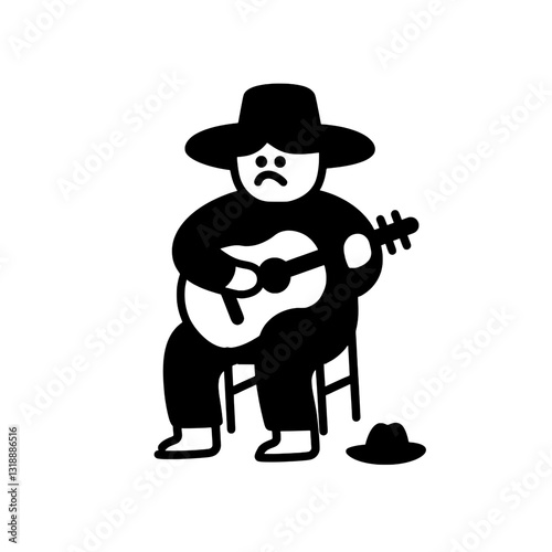 Melancholic guitarist sits on a chair, strumming softly in a quiet room, adorned with shadows and simple elegance