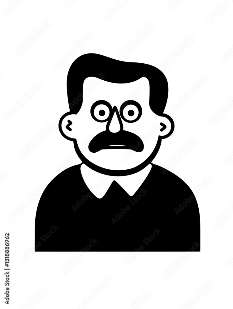 Surprised cartoon character with glasses and mustache, showcasing a distinct black and white vector art style Surprised cartoon character with glasses and mustache, showcasing a distinct black and white vector art style