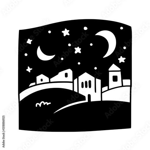 Starlit village under a crescent moon in a serene night sky, capturing tranquility and simplicity in a vector landscape design
