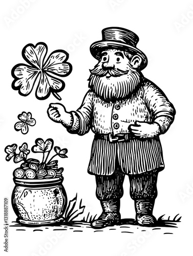 Cheerful gardener tending to a flowering pot while nurturing fantasy blooms in a whimsical landscape