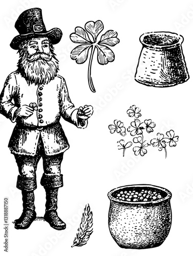 Illustration of a jovial figure with clovers, pots, and treasures, symbolizing luck and abundance in a whimsical setting