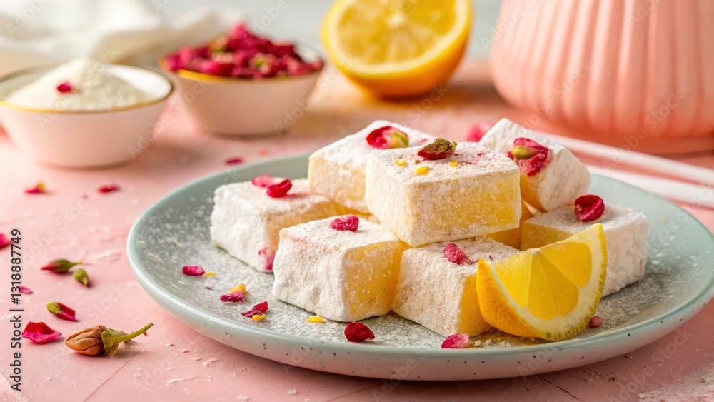 Lemon and Rosewater Turkish Delight: A plate of soft, chewy lemon and rosewater Turkish delight, its surface dusted with powdered sugar and topped with a few rose petals. Lemon and Rosewater Turkish Delight: A plate of soft, chewy lemon and rosewater Turkish delight, its surface dusted with powdered sugar and topped with a few rose petals.