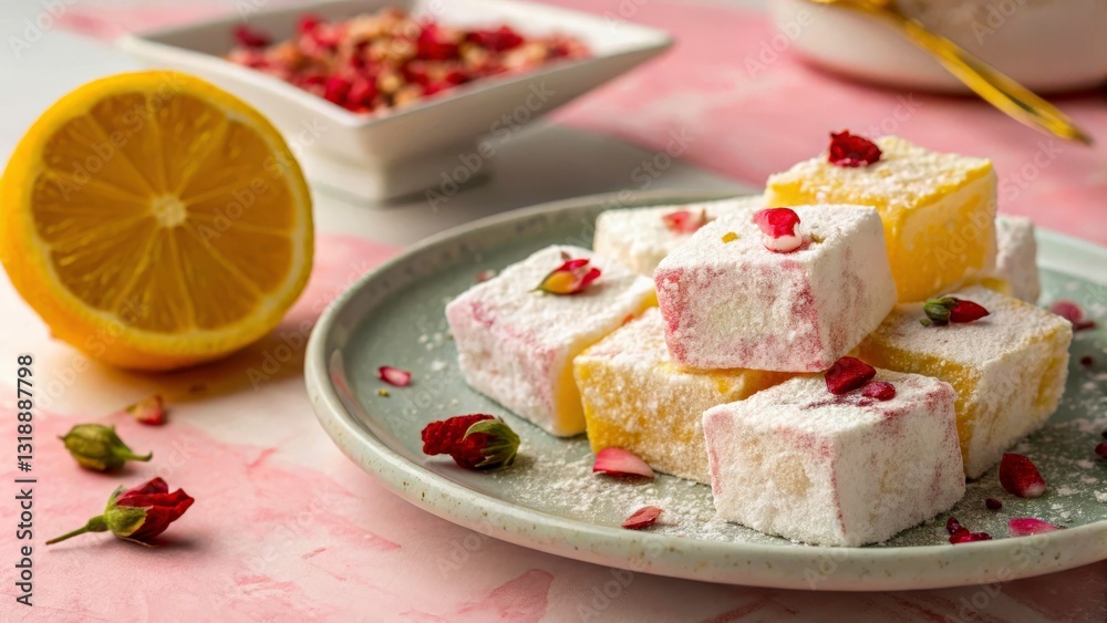 Lemon and Rosewater Turkish Delight: A plate of soft, chewy lemon and rosewater Turkish delight, its surface dusted with powdered sugar and topped with a few rose petals. Lemon and Rosewater Turkish Delight: A plate of soft, chewy lemon and rosewater Turkish delight, its surface dusted with powdered sugar and topped with a few rose petals.