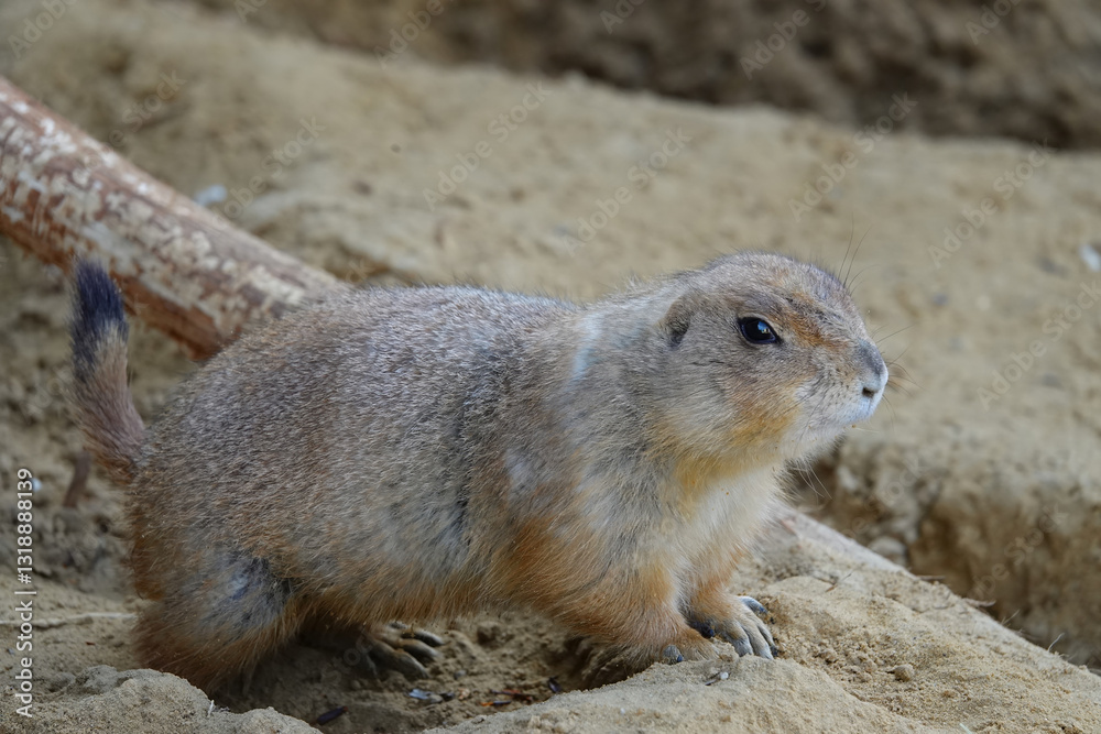 Prairie dog standing alert on sand. Its brown fur blends with the dry environment around it. Prairie dog standing alert on sand. Its brown fur blends with the dry environment around it.