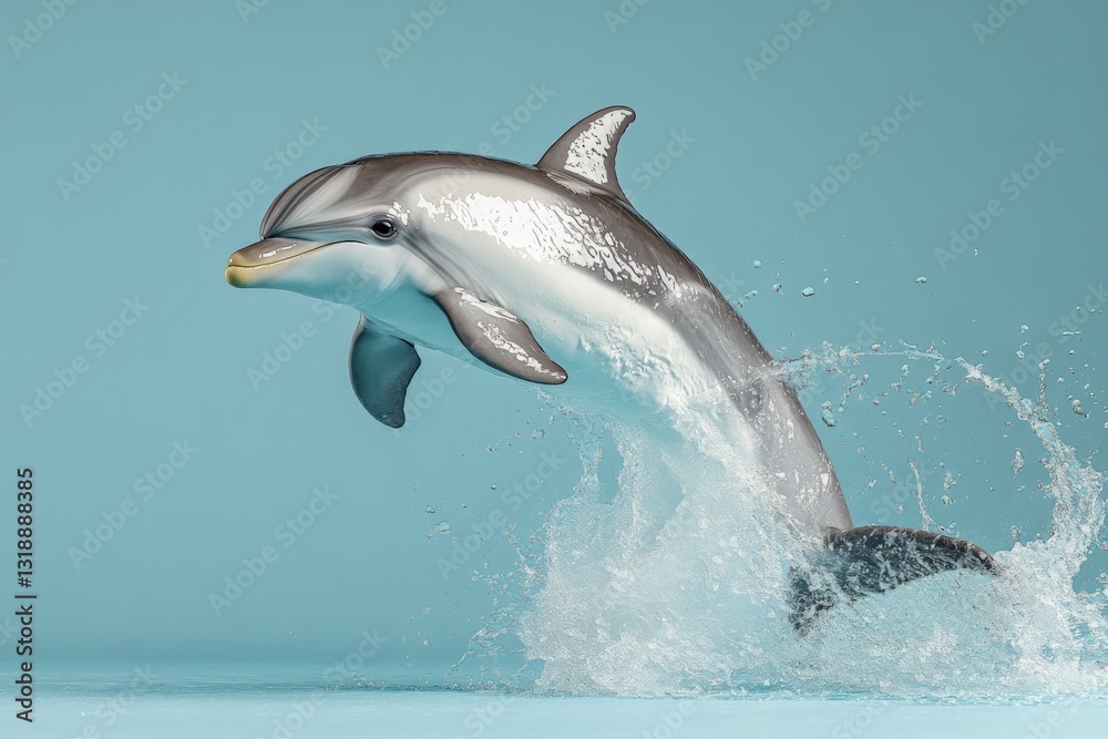 Obraz premium Dolphin leaps gracefully above the sparkling water in a vibrant ocean setting during the daytime