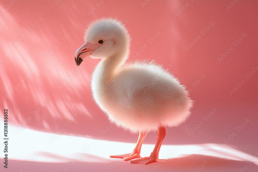 Fototapeta premium Cute baby flamingo standing against a soft pink background, showcasing its fluffy feathers and bright legs