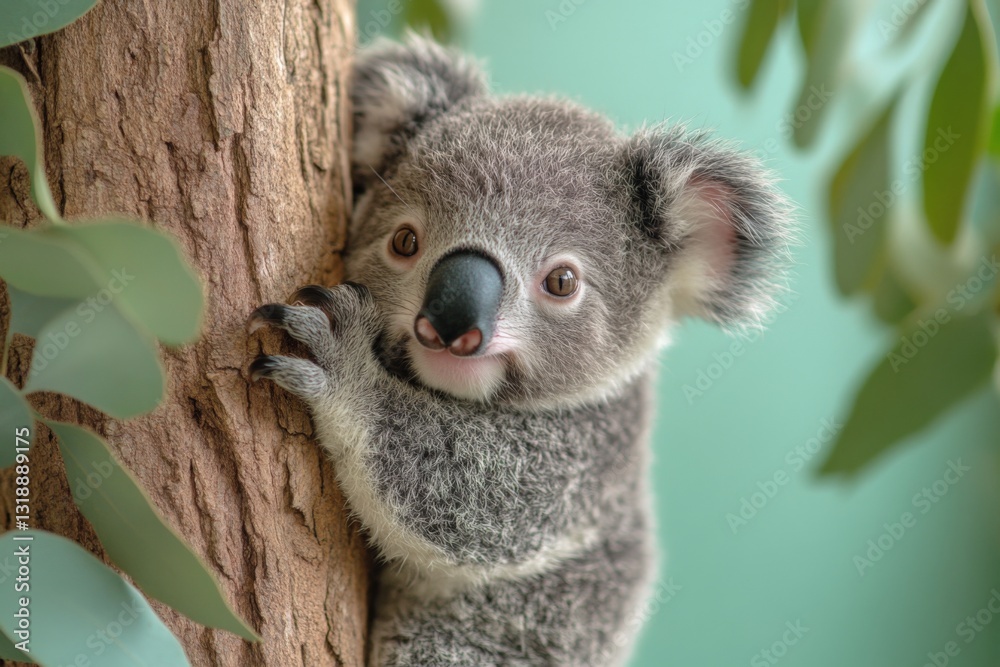 Obraz premium Koala cub climbs a eucalyptus tree in a cozy sanctuary during the afternoon