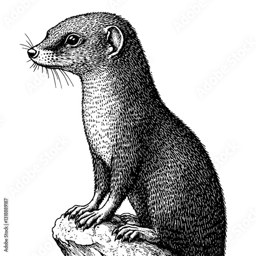 Illustration captures a charming mongoose in a natural pose, reflecting its inquisitive nature and unique features in meticulous detail