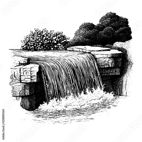 Flowing water cascades over a rocky ledge surrounded by lush greenery in a serene natural setting