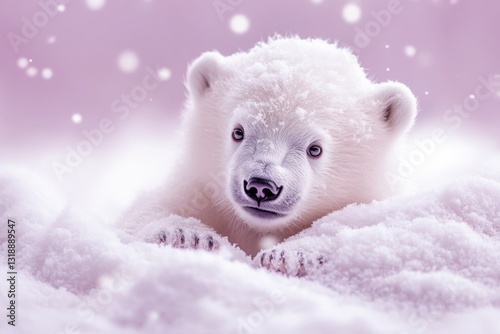 Polar bear cub playing in snowy landscape during winter season in the Arctic region