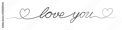 Romantic inscription in line art style with hearts. Beautiful text for greeting card. Monochrome black handwritten text in one continuous line.