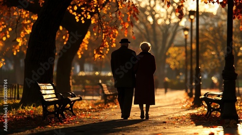 Elderly couple strolling through vibrant autumn park, golden leaves falling, warm sunlight filtering through trees, serene atmosphere