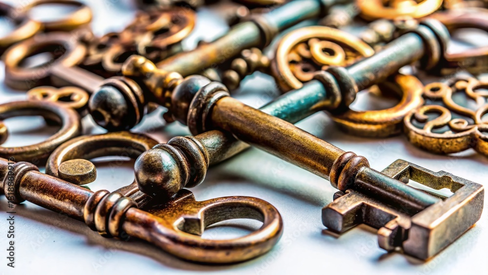 Antique Iron Keys on White Background - Copy Space for Text Antique Iron Keys on White Background - Copy Space for Text