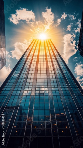 Wallpaper Mural A radiant sun beams down from a vibrant sky, illuminating the sleek glass exterior of a towering skyscraper. The blend of nature and architecture captivates onlookers in the bustling city Torontodigital.ca