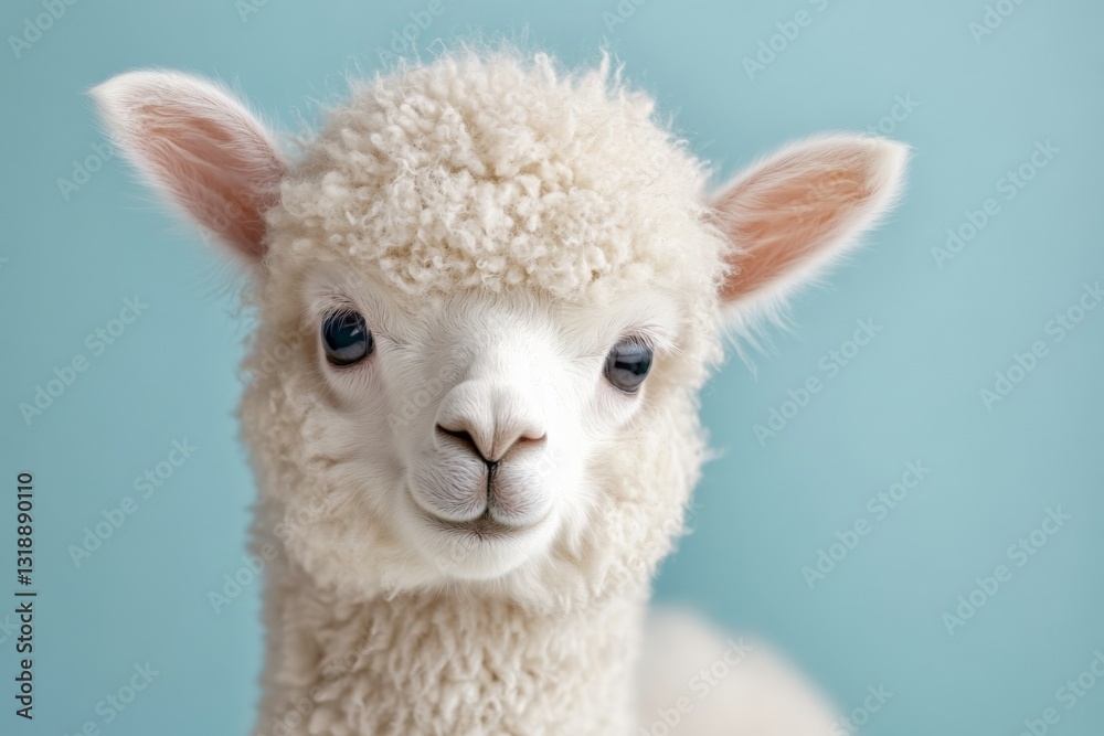 Fototapeta premium Young fluffy alpaca with a gentle expression against a soft blue background