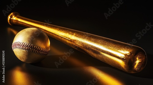 Obraz na płótnie Golden Baseball Bat and Ball on Dark Background with Reflections and Highlights w salonie