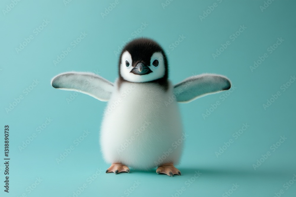 Fototapeta premium Cute baby penguin stands with wings outstretched against a soft blue background