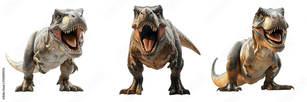 Obraz premium Fierce t-rex dinosaurs on a transparent background dynamic action scene