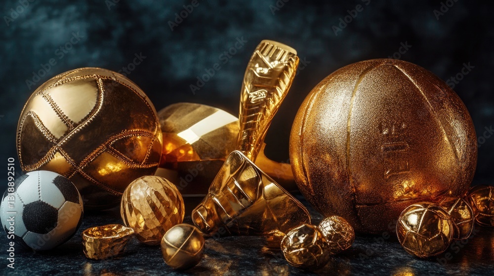 Golden Sports Awards and Trophies Representing Achievement and Victory in Various Athletic Disciplines