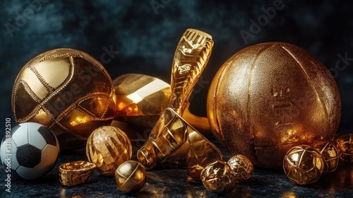 Obraz na płótnie Golden Sports Awards and Trophies Representing Achievement and Victory in Various Athletic Disciplines w salonie