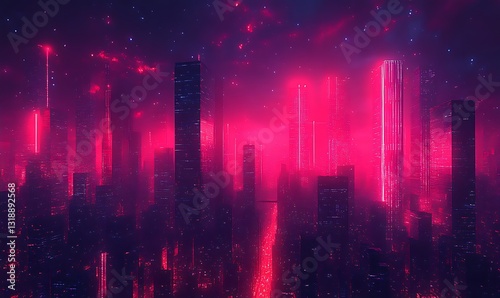 Futuristic Cityscape with Glowing Buildings and Dark Purple Sky Scenery