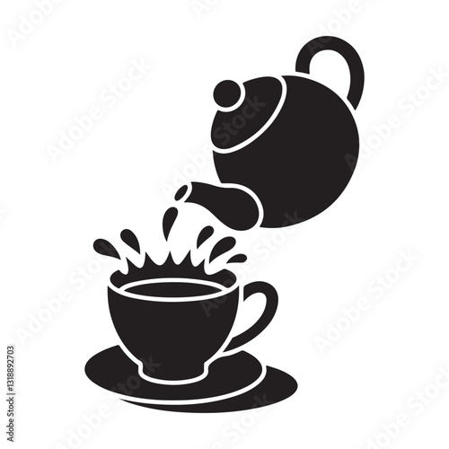 Hot cup of tea and coffee cup with teapot and saucer