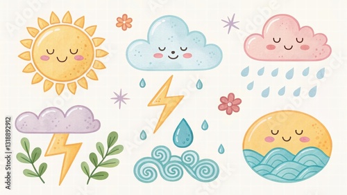 Cute Cartoon Weather Icons with Sun, Clouds, Rain, and Lightning