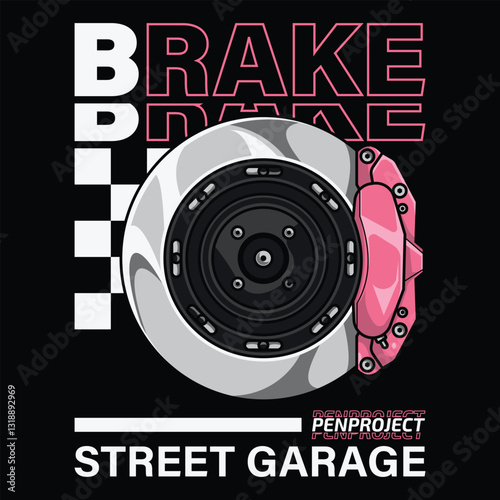 Sporty Disc Brake Illustration with Pink Caliper for Racing and Garage Themes