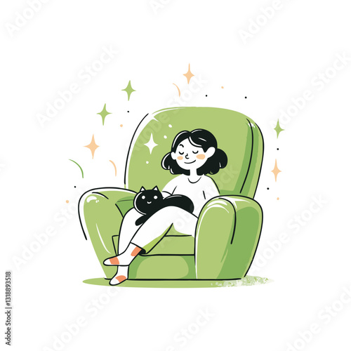 Vector stylized illustration of a woman relaxing in a cozy armchair while cuddling her black cat. Modern, warm, and peaceful design.