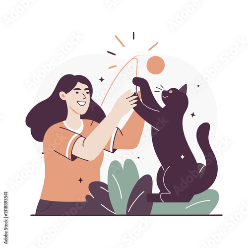 Vector stylized illustration of a woman joyfully playing with her black cat using a toy. Modern, playful, and pet-friendly design.