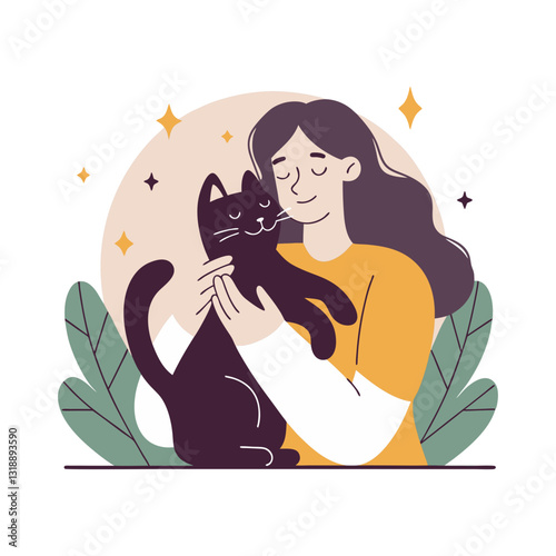 Vector stylized illustration of a woman lovingly hugging her black cat with a peaceful expression. Modern, warm, and affectionate design.