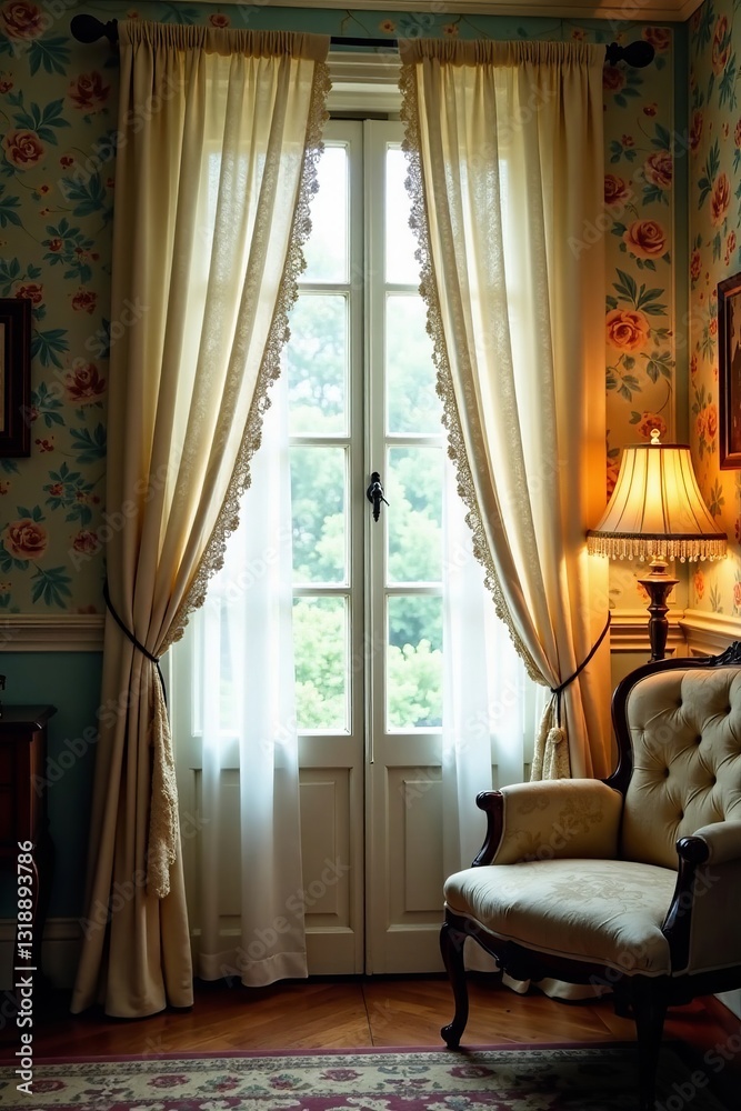 Fototapeta premium Delicate lace curtains hanging in a vintage room with ornate wallpaper and a old-fashioned lamp, room, lamp, delicate