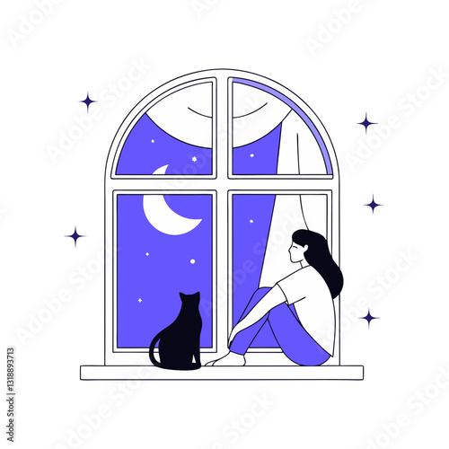 Vector stylized illustration of a woman sitting by a window with her cat, gazing at the crescent moon and starry night sky. Modern, peaceful, and contemplative design.