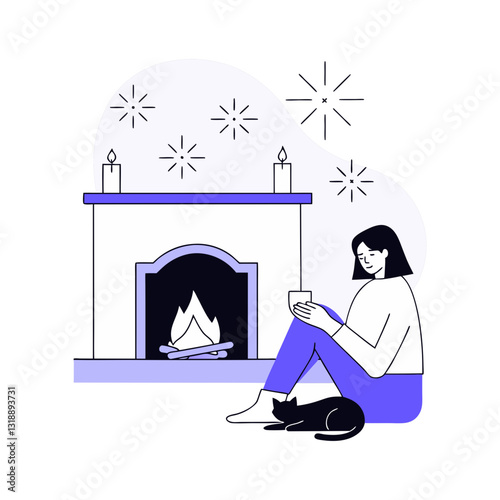 Vector stylized illustration of a woman relaxing by the fireplace with a warm drink and a cat. Modern, cozy, and peaceful design.