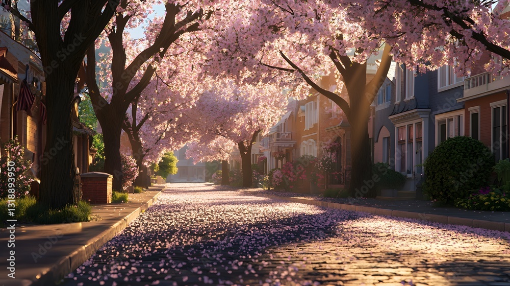 A beautiful street is lined with blossoming pink flowering trees A beautiful street is lined with blossoming pink flowering trees