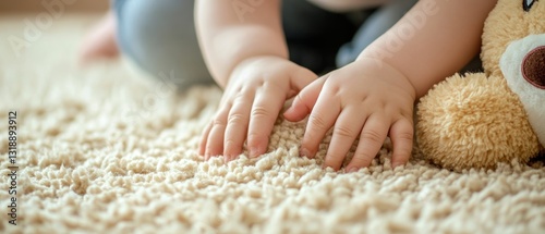 Child's Touch: Fingers on Plush Toy and Shag Rug 