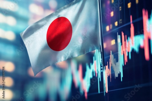Japanese flag with stock market chart symbolizing the economy