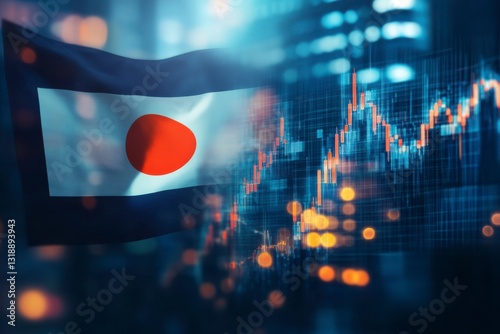 Japanese flag with stock market chart symbolizing the economy