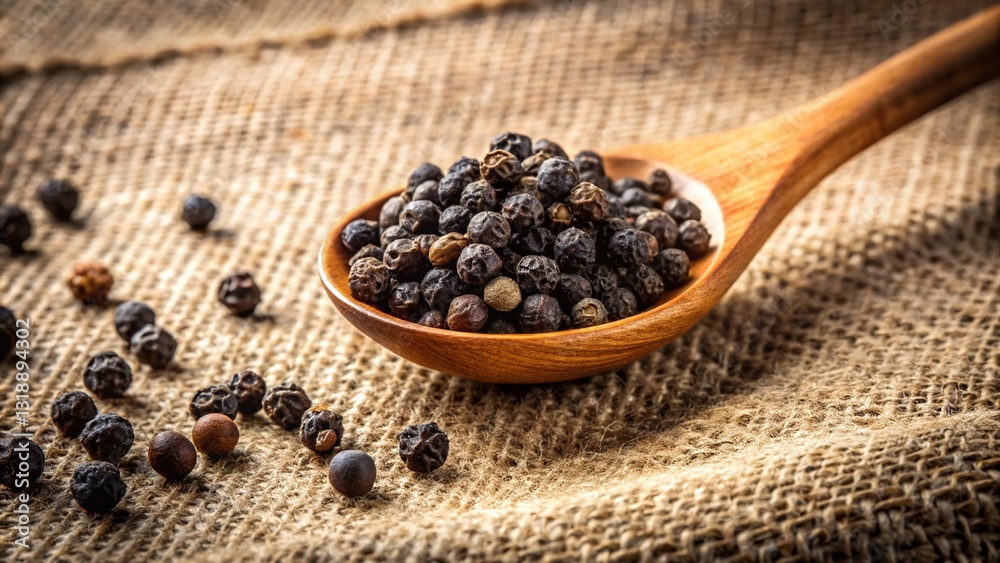 Aromatic Black Peppercorns in Wooden Spoon on Linen - Spice Photography Aromatic Black Peppercorns in Wooden Spoon on Linen - Spice Photography