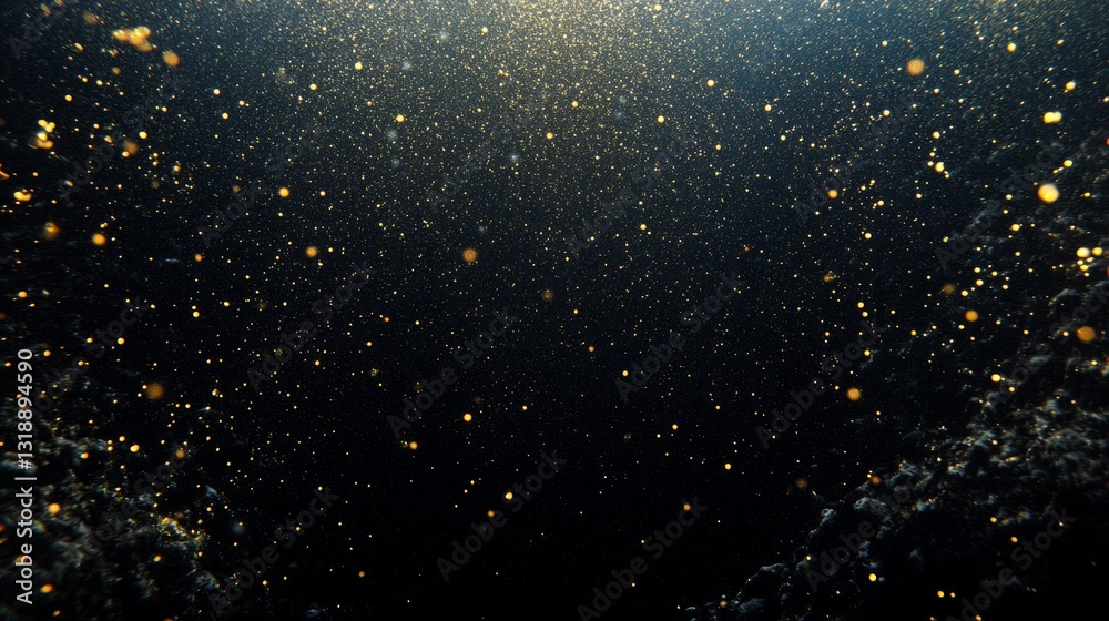 Golden Abyss: Deep Ocean Scene with Shimmering Particles and Rocky Outcrops 