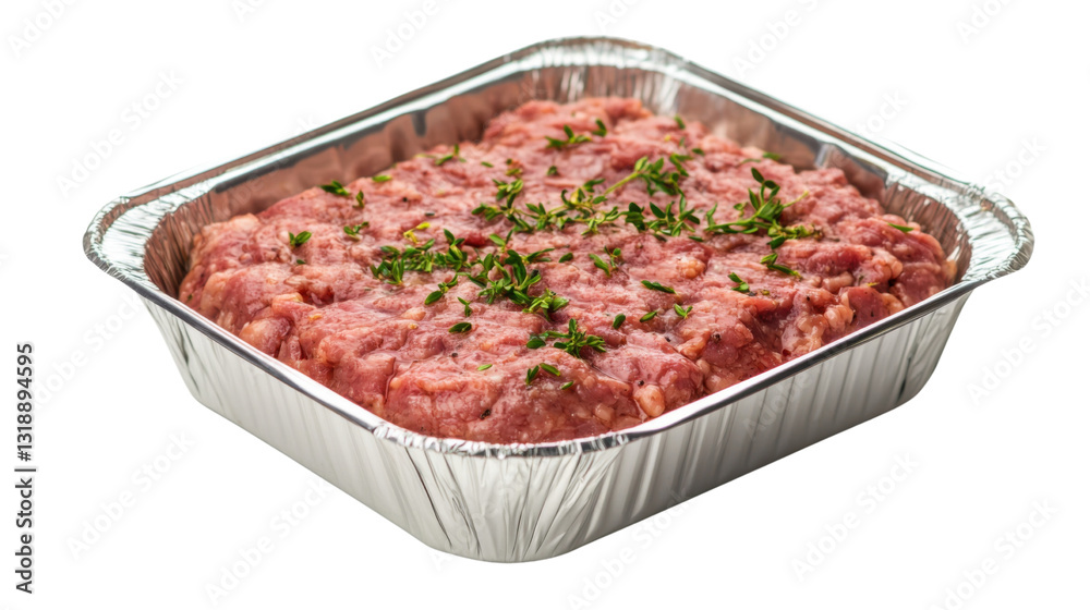 raw minced meat in aluminum container isolated on white background raw minced meat in aluminum container isolated on white background