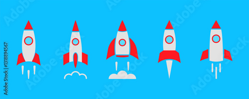 Set of colored rocket on blue background. Launch spaceship or spacecraft. Rocket fast flying for sky. New business start up. 