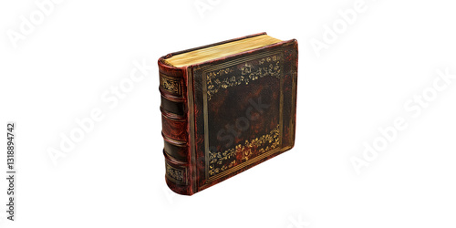 Vintage leather bound book with ornate details isolated on transparent background