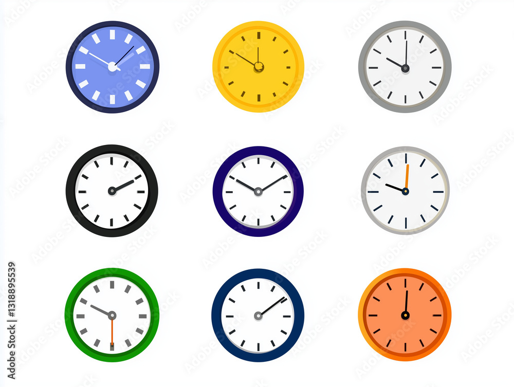Icônes d'horloges en flat design sur fond blanc Icônes d'horloges en flat design sur fond blanc